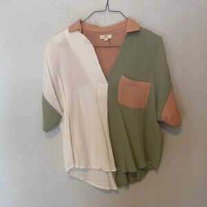 Entro V-Neck Colorblock Blouse in Green, White, and Tan
